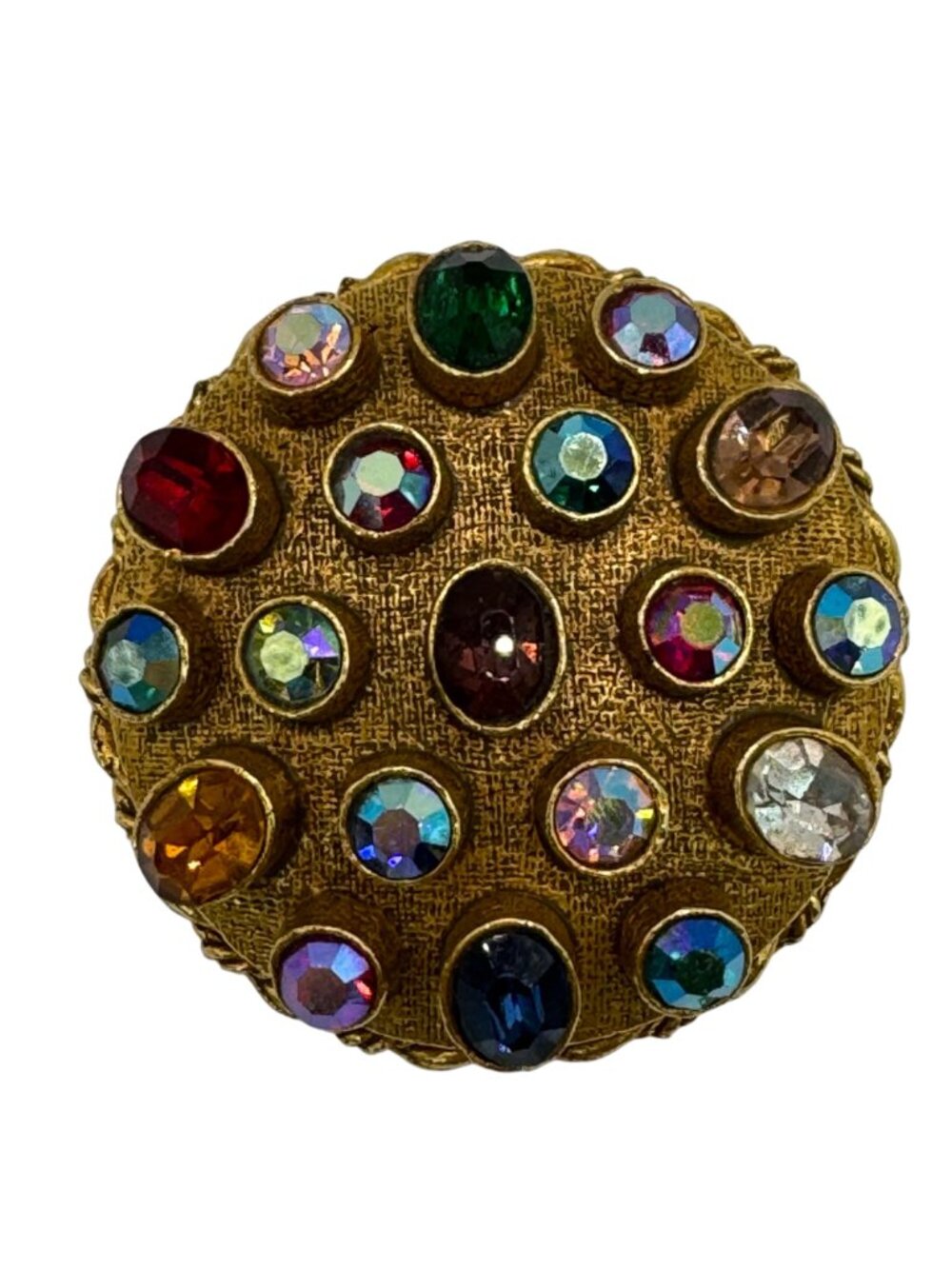 Vintage ART Signed Gold Tone Brooch Multicolor Rhinestones Round Statement 2" - Picture 9 of 11